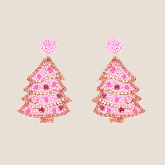 Christmas Tree Beaded Earrings, Pink