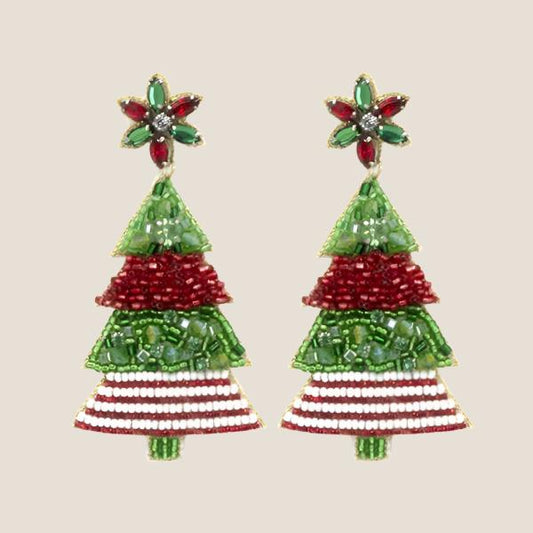 Christmas Tree Beaded Earrings, Red & Green