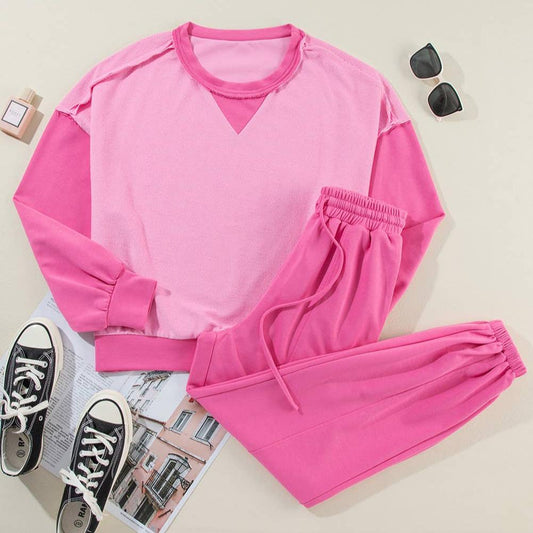 Color BlockDrawstring Joggers Set- Pink